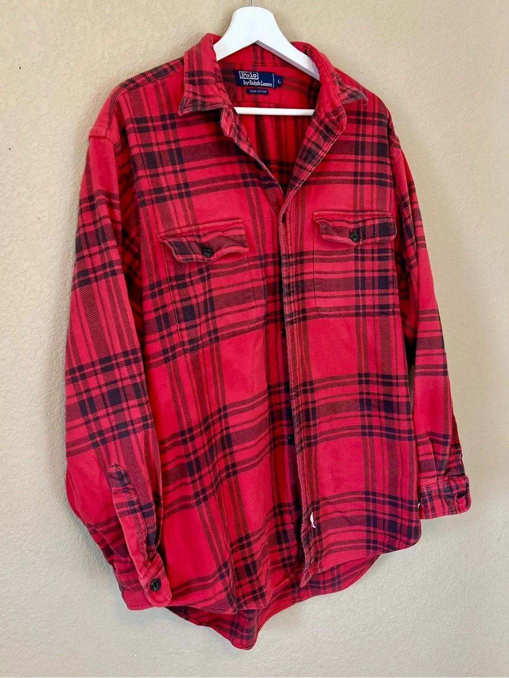 Polo by Ralph Lauren Red Plaid Flannel Shirt L Cotton Cabin Lumberjack Fall
